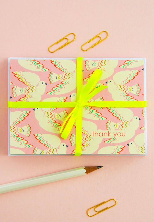 Pack of 8 bird-themed thank you notecards, each with a different illustration, printed on UK-made 350gsm matt card with envelopes included.