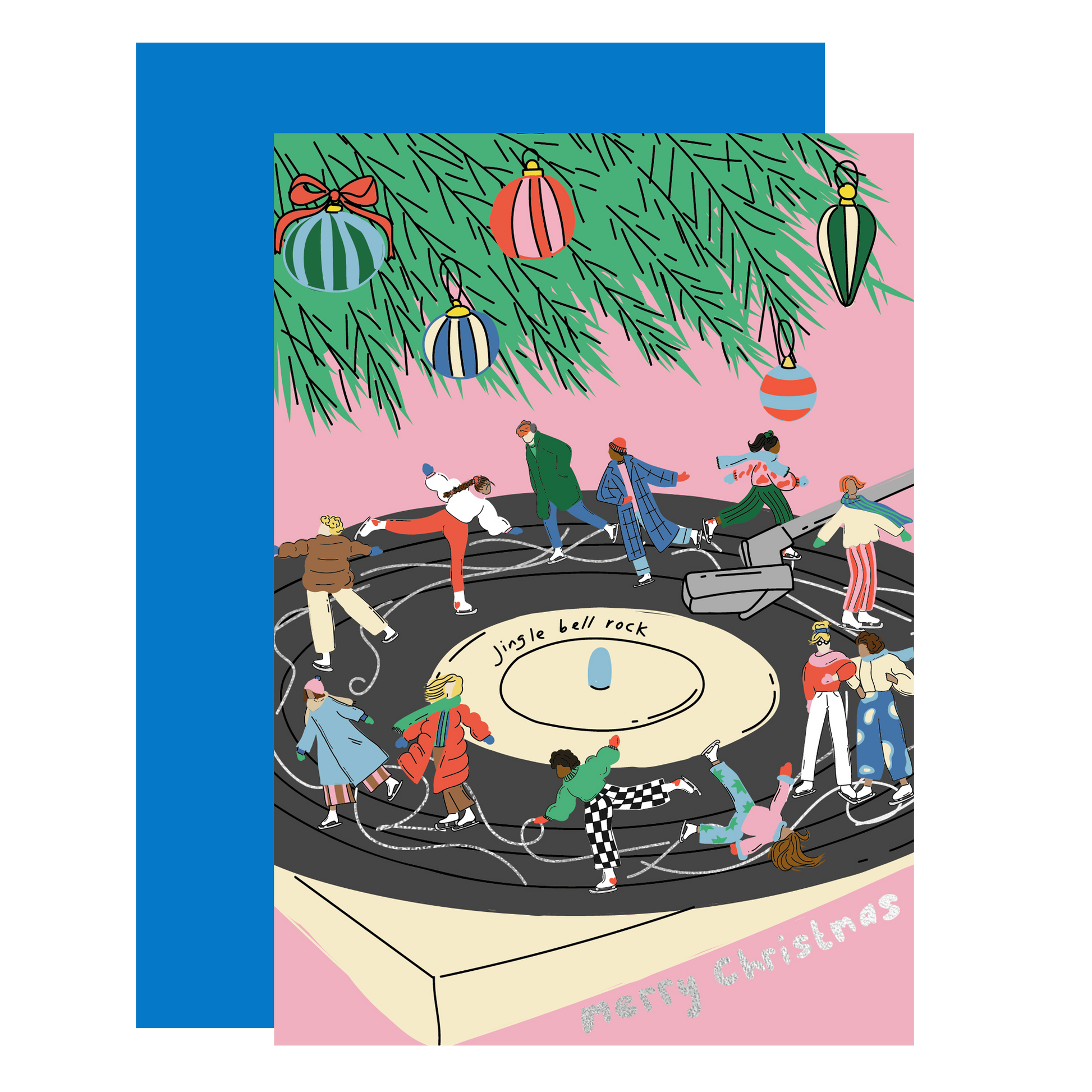Jingle Bell Rock Christmas card with ice-skating scene and gold foil accents, printed on sustainably sourced UK paper.