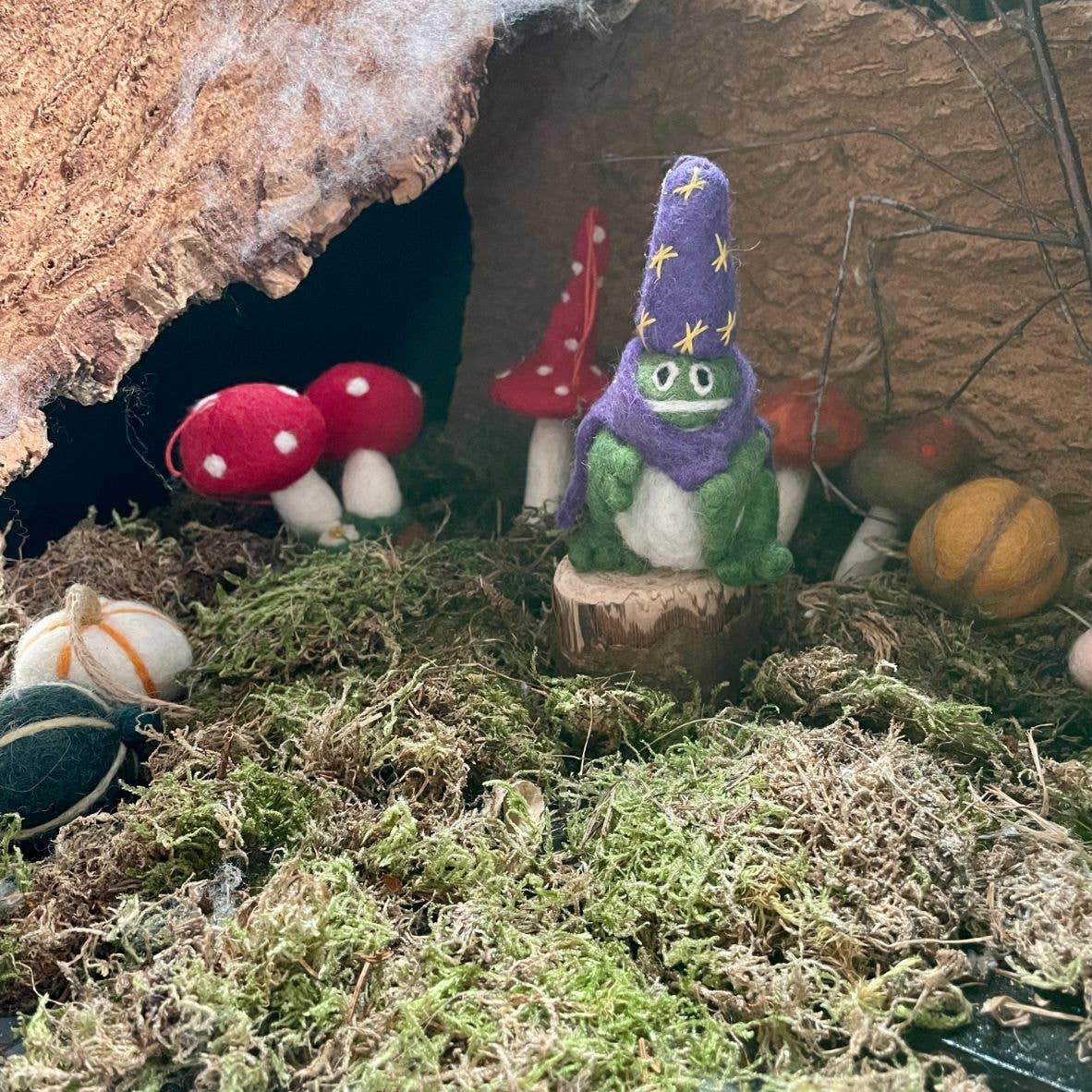 Sustainable needle felted wizard frog hanging decoration