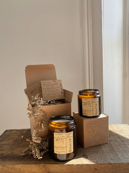 Hand-poured natural soy candle with citrus and lavender essential oils