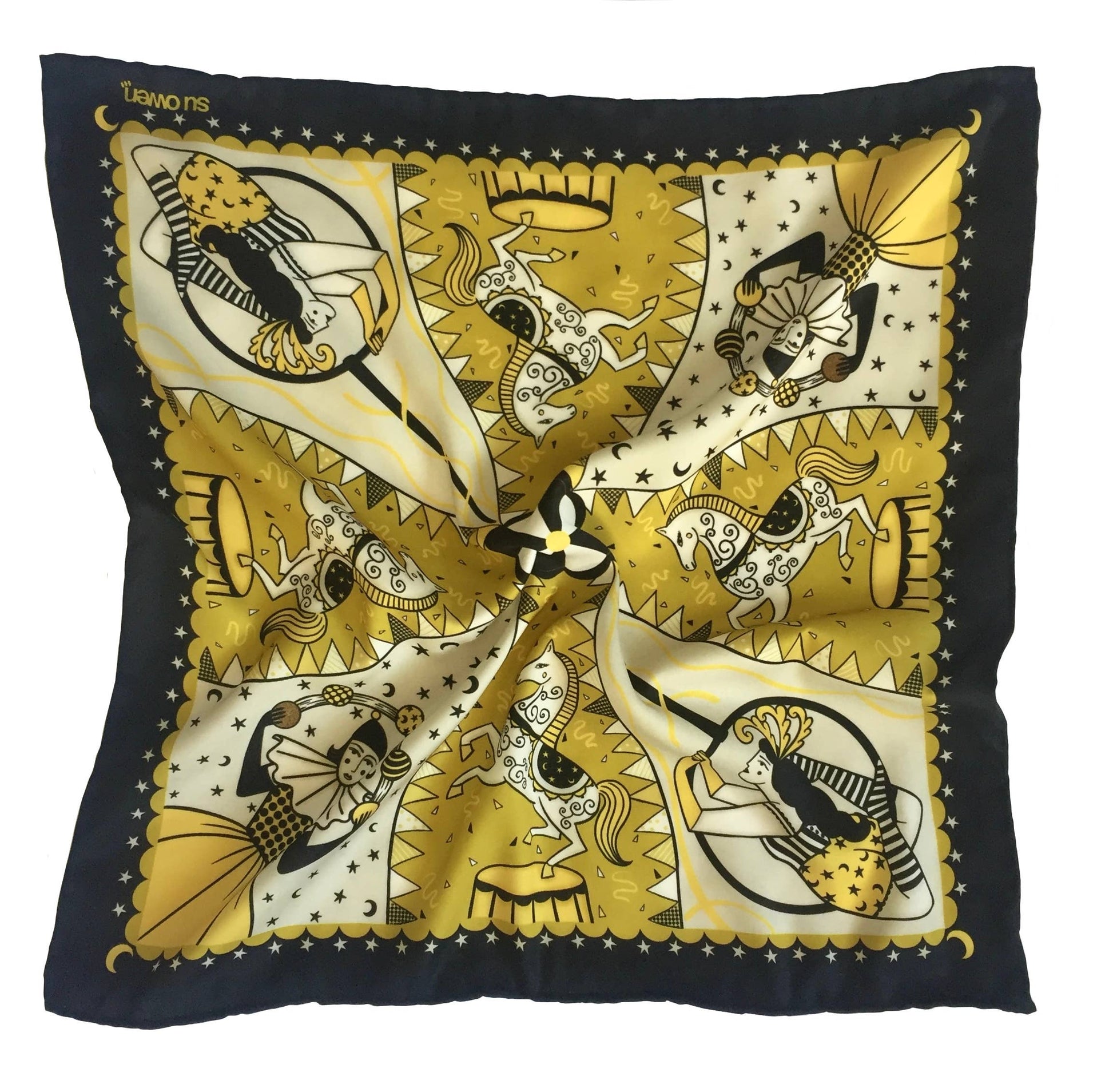 Eco silk twill pocket square with original Night Circus print by Su Owen; features Pierrot juggler, aerialist, horses, moons, and stars. Golden yellow, ivory, and dark chocolate colours. Made from 100% recycled polyester.