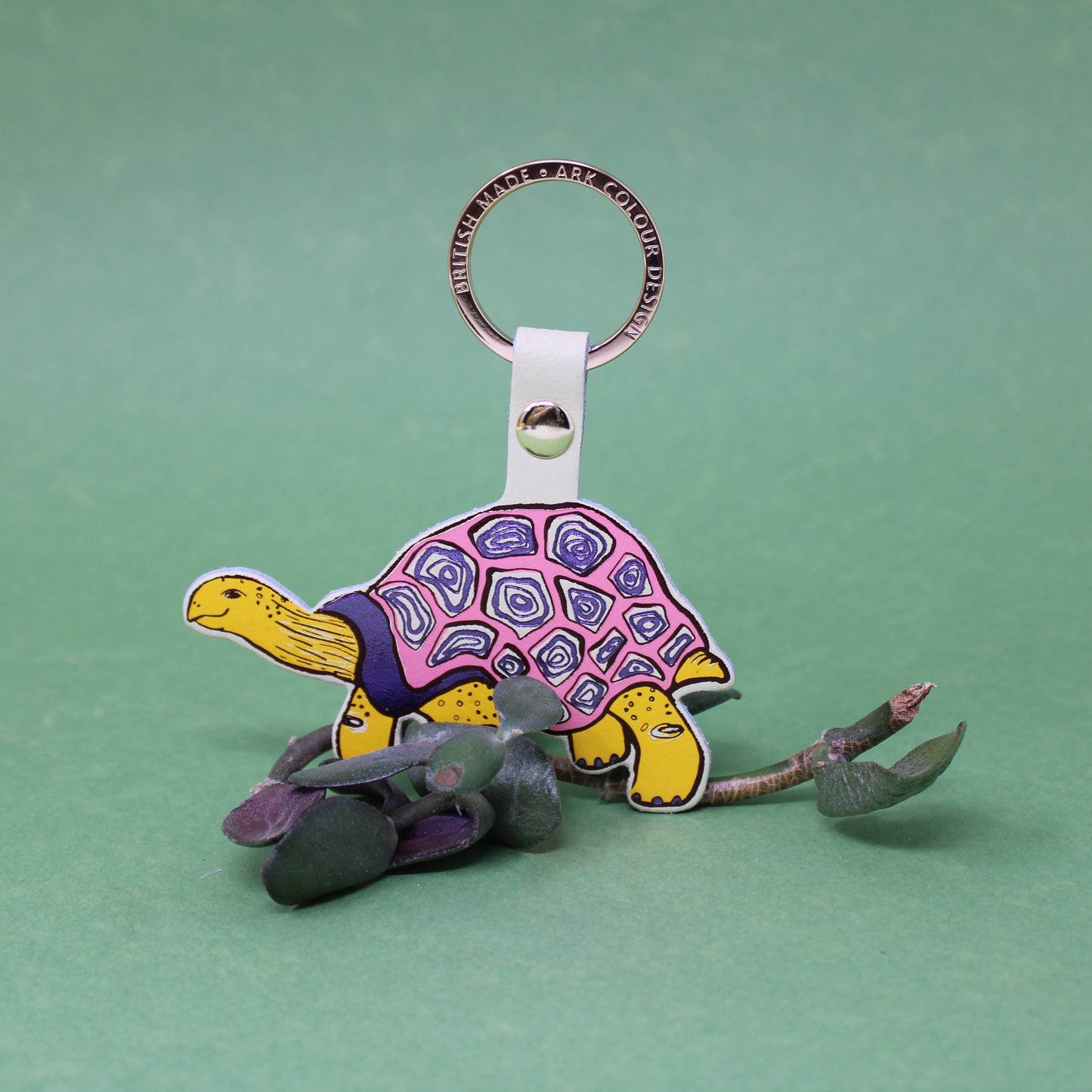 Sustainably sourced genuine leather Easy Going Tortoise key fob by Ark Colour Design with gold plated ring