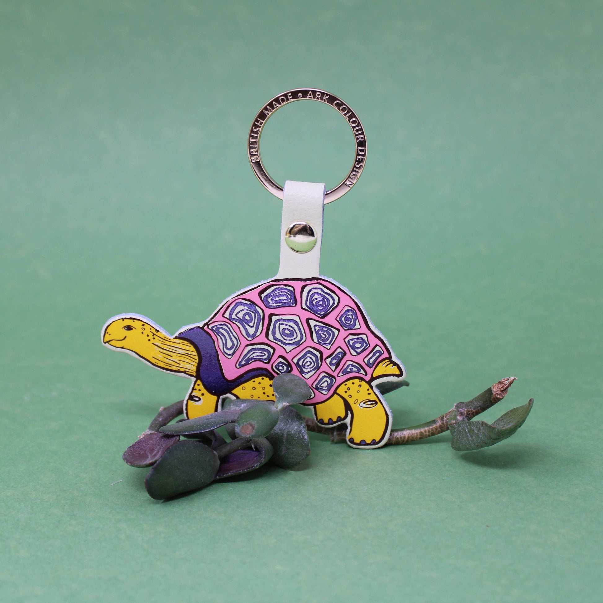 Sustainably sourced genuine leather Easy Going Tortoise key fob by Ark Colour Design with gold plated ring