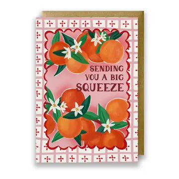 Illustrated greeting card with tile pattern and oranges illustration, printed onto premium textured card with a kraft envelope. Hand drawn lettering reads 'Sending you a big squeeze'.