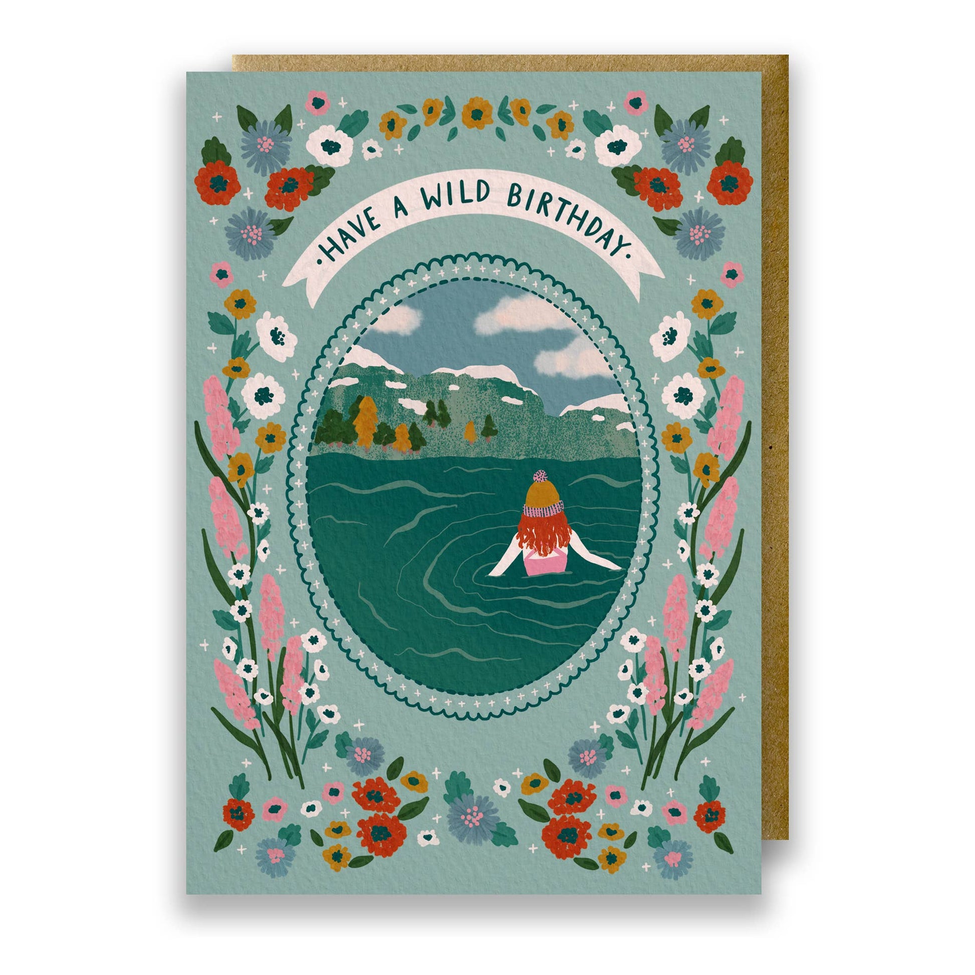 Wild Swimming Adventure Birthday Card with woman in lake
