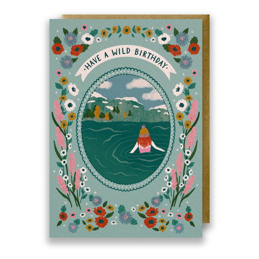 Wild Swimming Adventure Birthday Card with woman in lake