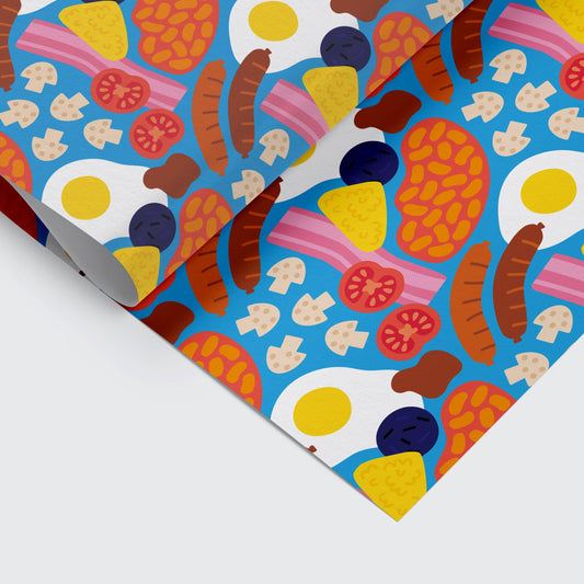 Full English breakfast themed gift wrap sheet on bright blue background