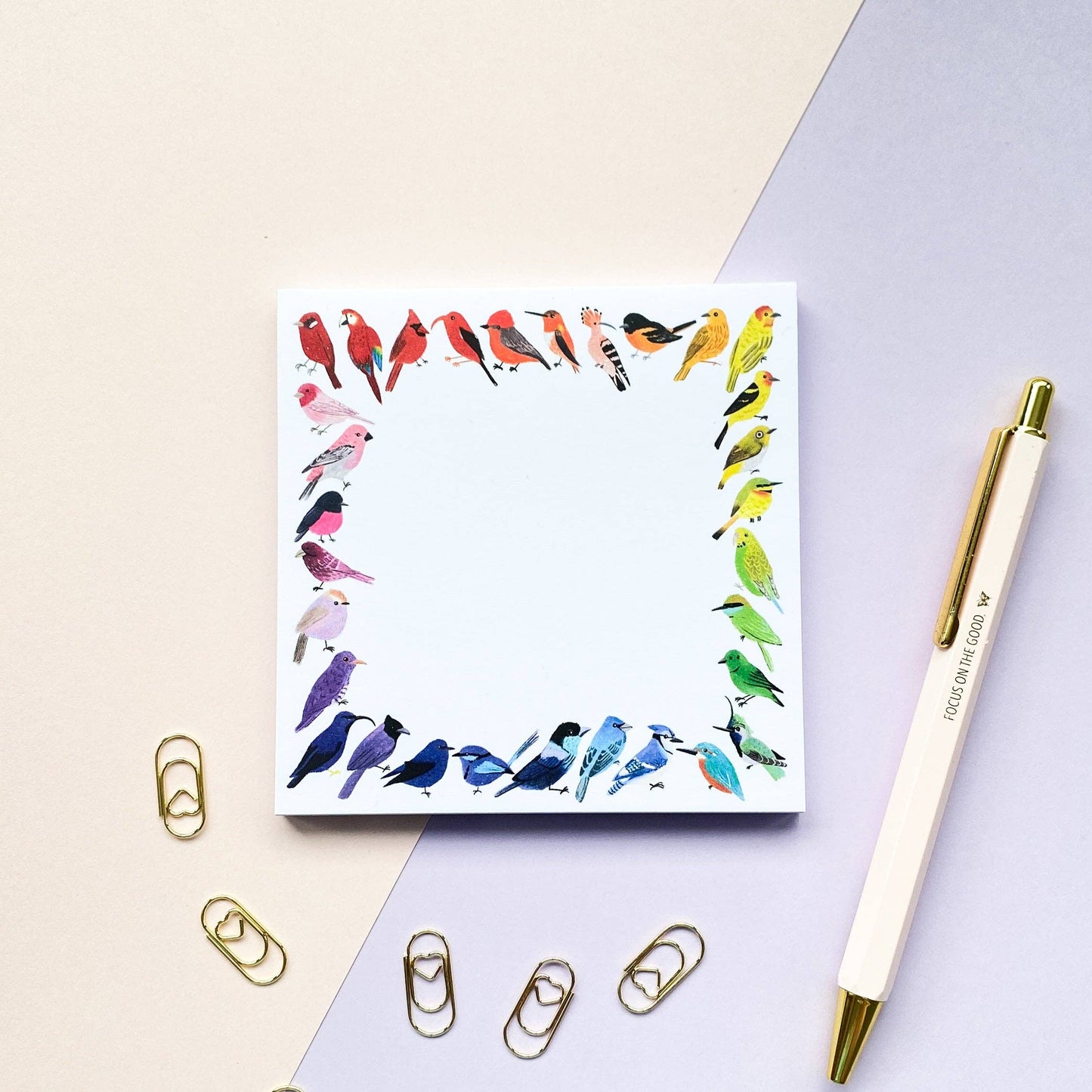 Bird Rainbow Memo Pad by Sarah Frances, 10cm x 10cm, 50 sheets, hand-illustrated rainbow birds, greyboard backing, colourful desk stationery.