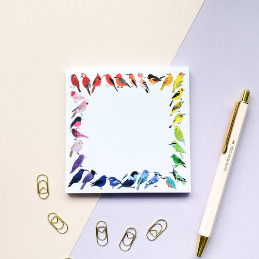 Bird Rainbow Memo Pad by Sarah Frances, 10cm x 10cm, 50 sheets, hand-illustrated rainbow birds, greyboard backing, colourful desk stationery.
