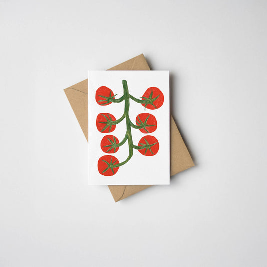A mini card featuring an illustration of tomatoes on a vine.  A7. Comes with a kraft envelope. Printed in the UK.