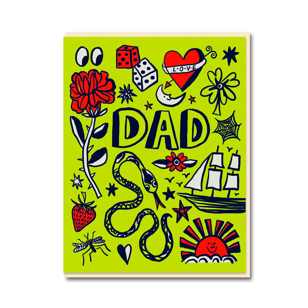 Dad Tattoo Father's Day Greeting Card with vibrant fluoro colours and gold foil detail
