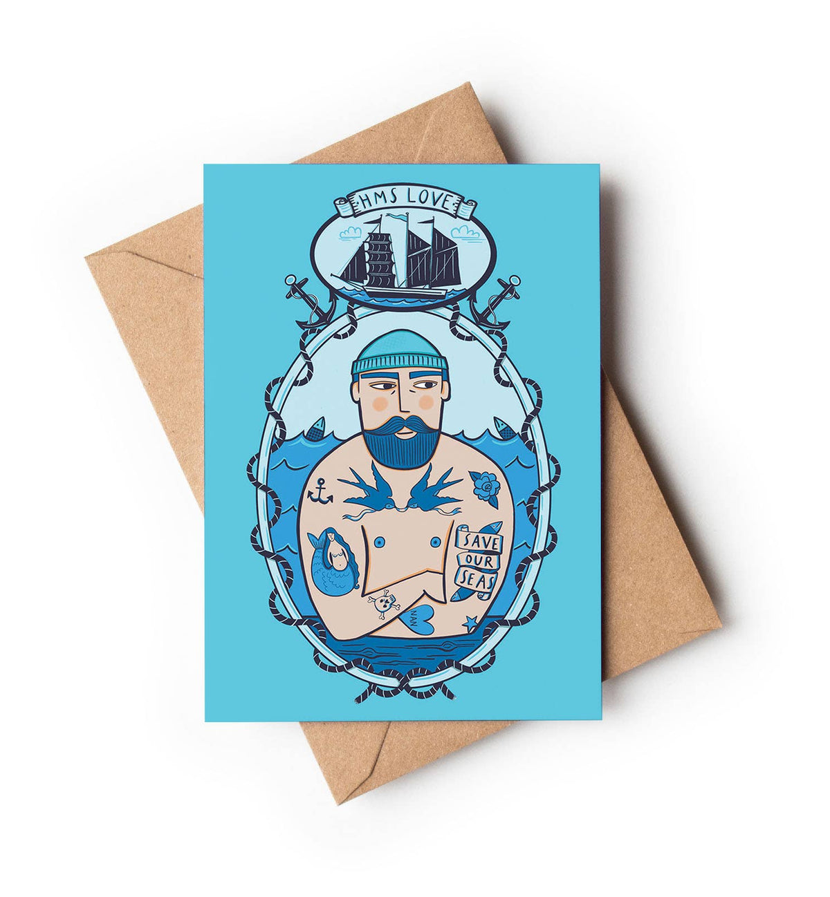Tattooed Sailor A6 Greetings Card with Save Our Seas Message