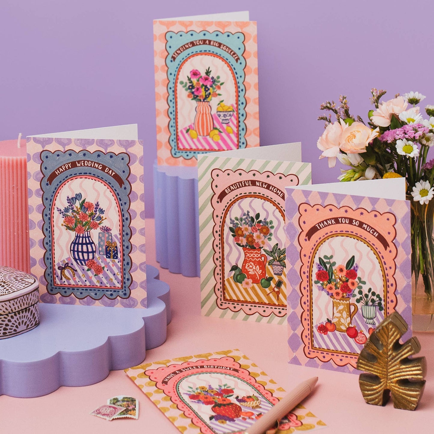 Stack of Maximalist Pomegranate & Flower Anniversary Cards, highlighting sustainably sourced card