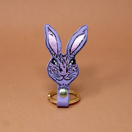 Close up of foil embossed leather bunny keyring