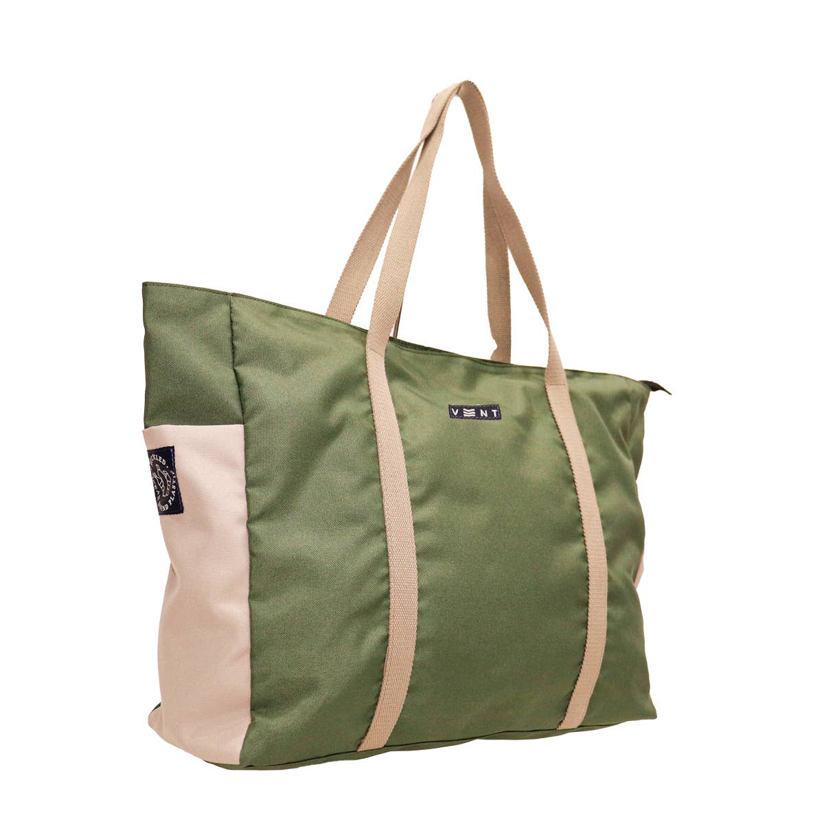 External side pocket detail on green recycled ocean plastic bag