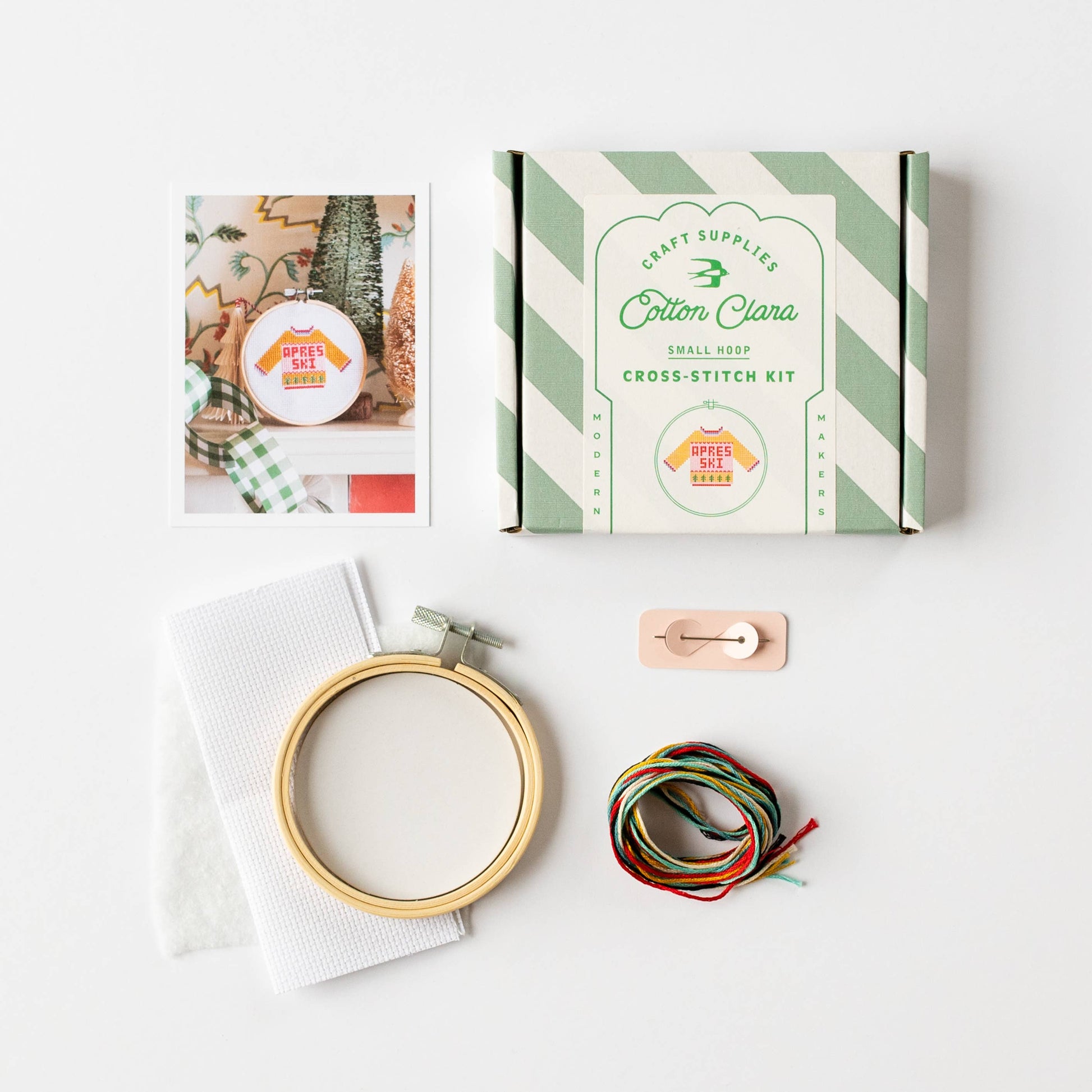 Everything required to complete this Cotton Clara kit is included: hoop, fabric, thread, needle, backing disc, wadding, instructions and full colour cross stitch chart. 