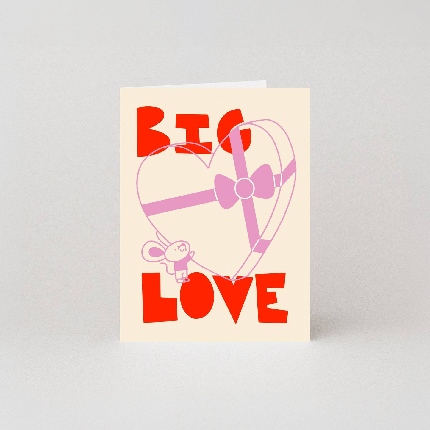 Big Love mini greeting card featuring a cute mouse holding a chocolate box with neon details