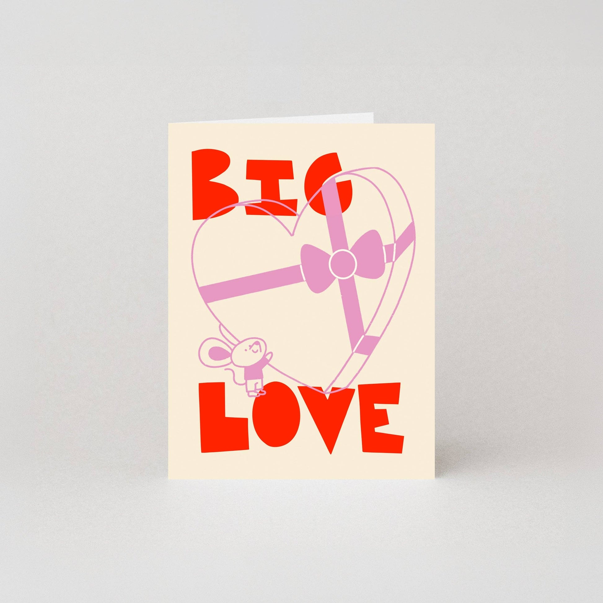 Big Love mini greeting card featuring a cute mouse holding a chocolate box with neon details