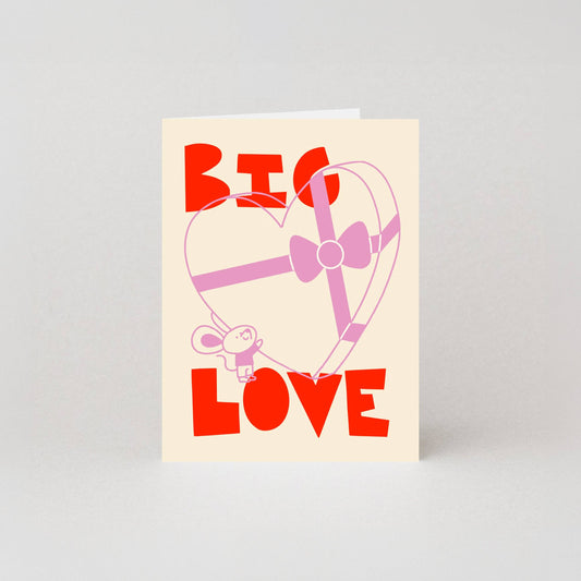 Big Love mini greeting card featuring a cute mouse holding a chocolate box with neon details