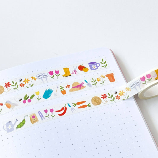 This washi tape features everything to do with gardening with illustrations on a cream background. Ten metres of tape.
