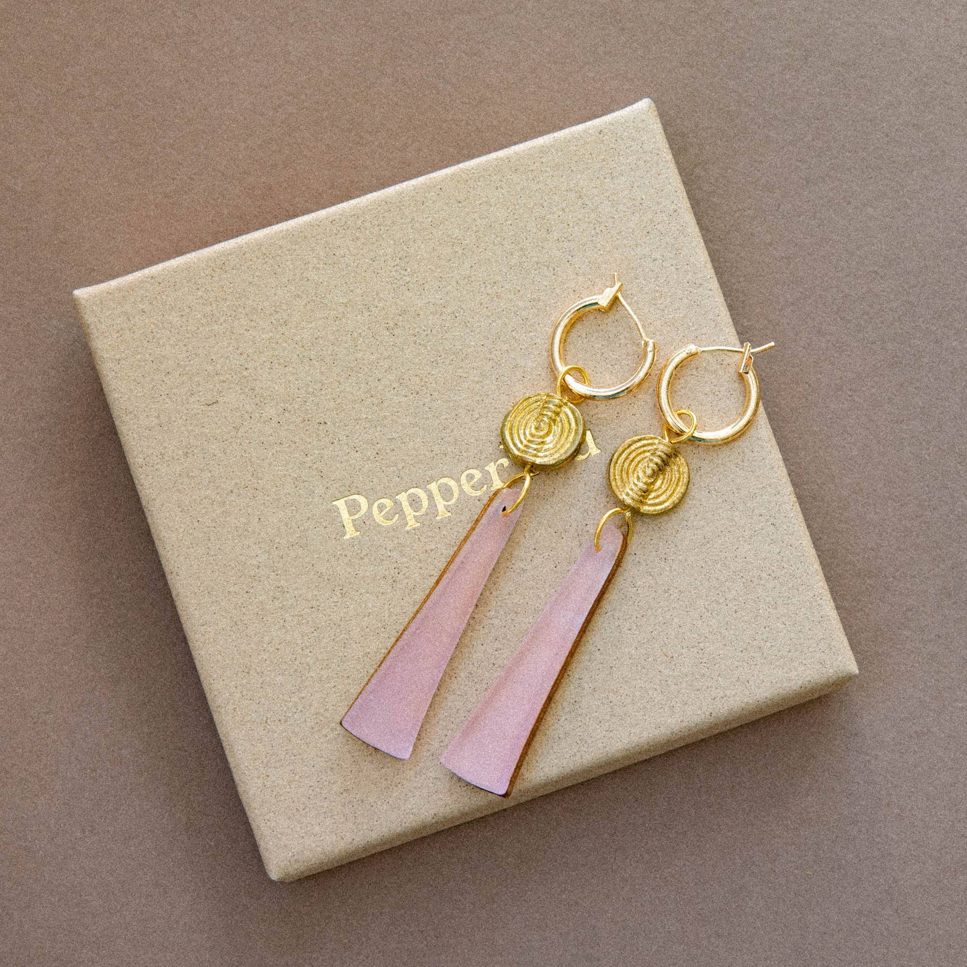 Power Drop Hoop Earrings by Pepper You – Handmade statement earrings in wood, acrylic & recycled brass, colourful sustainable jewellery gift in eco box.