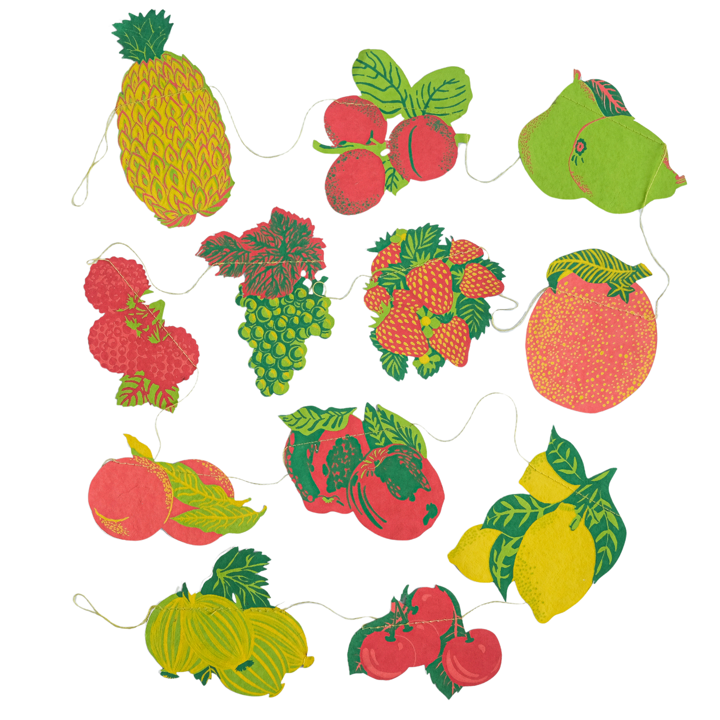 Close-up of Fruit Sewn Garland packaging, highlighting illustrations of various fruits like strawberries, grapes, and pineapples. Recycled material.