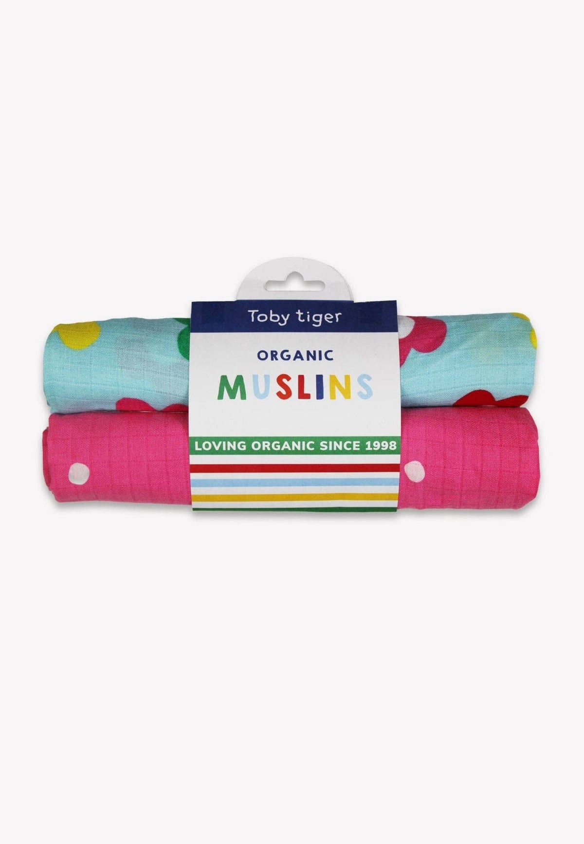 Organic Rainbow Bloom Print 2 Pack Muslins featuring blue floral and pink polka dot designs