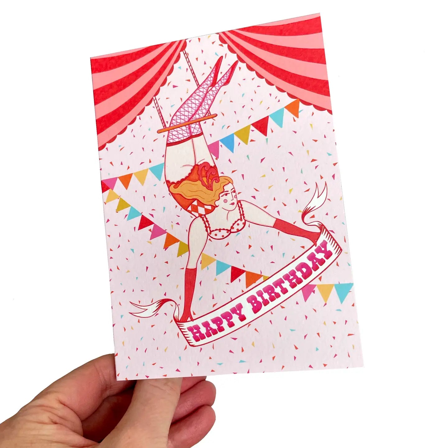 Detail of sustainable Circus Birthday Card with trapeze artist, UK made, eco-friendly Perlino Cotton