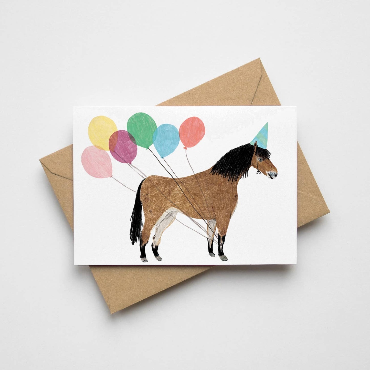 Eco-friendly A6 birthday card featuring an illustrated brown Belgian draft horse wearing a party hat with balloons