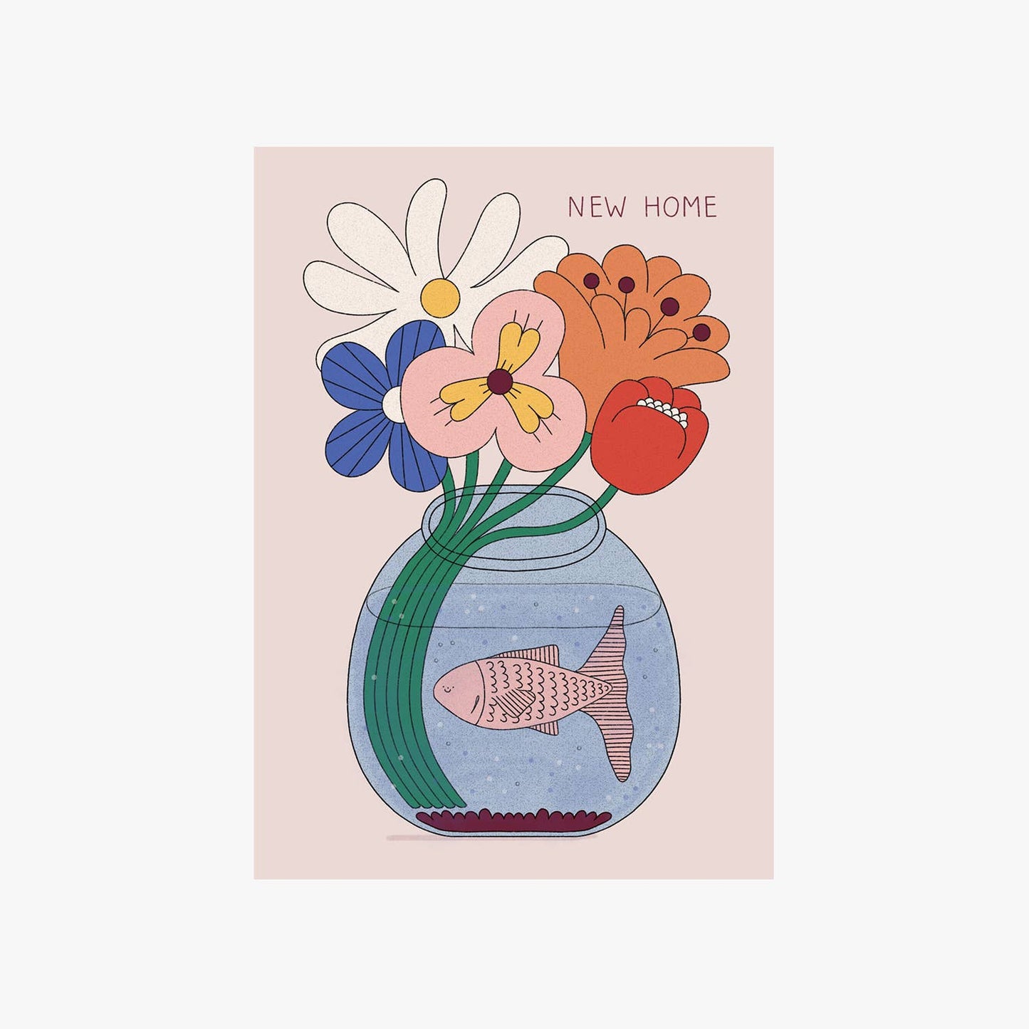 Illustrated New Home greetings card featuring a pink fish in a flower‑filled fishbowl by Hollie Fuller