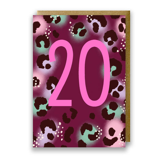 Neon 20th Birthday Card with leopard print and bold pink '20'