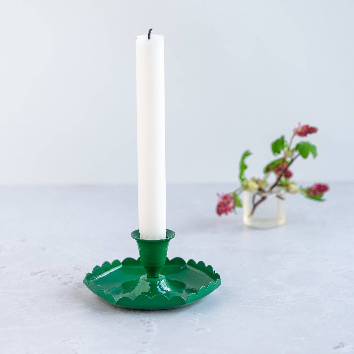 Emerald green handmade candlestick holder with scalloped edge