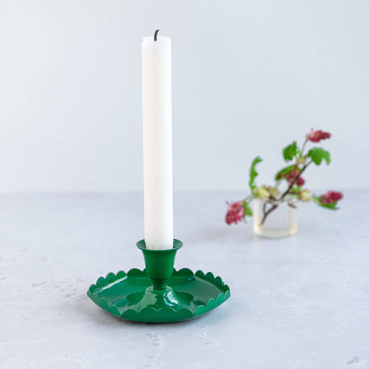 Emerald green handmade candlestick holder with scalloped edge