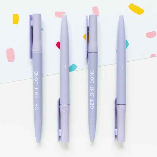 Get Shit Done lilac recycled eco ballpoint pen by Jeff and The Squirrel, made from recycled bottles, smooth black ink, UK printed, with twist top and clip
