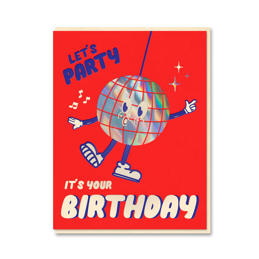 The Toonies Disco Ball Birthday Card featuring holographic foil on red recycled cardstock