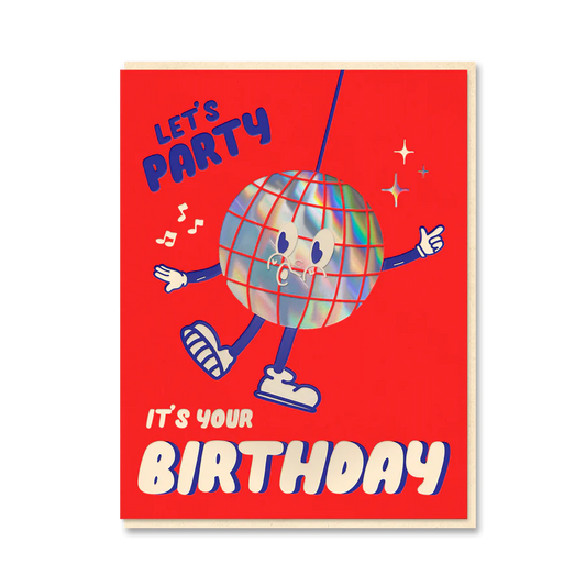 The Toonies Disco Ball Birthday Card featuring holographic foil on red recycled cardstock