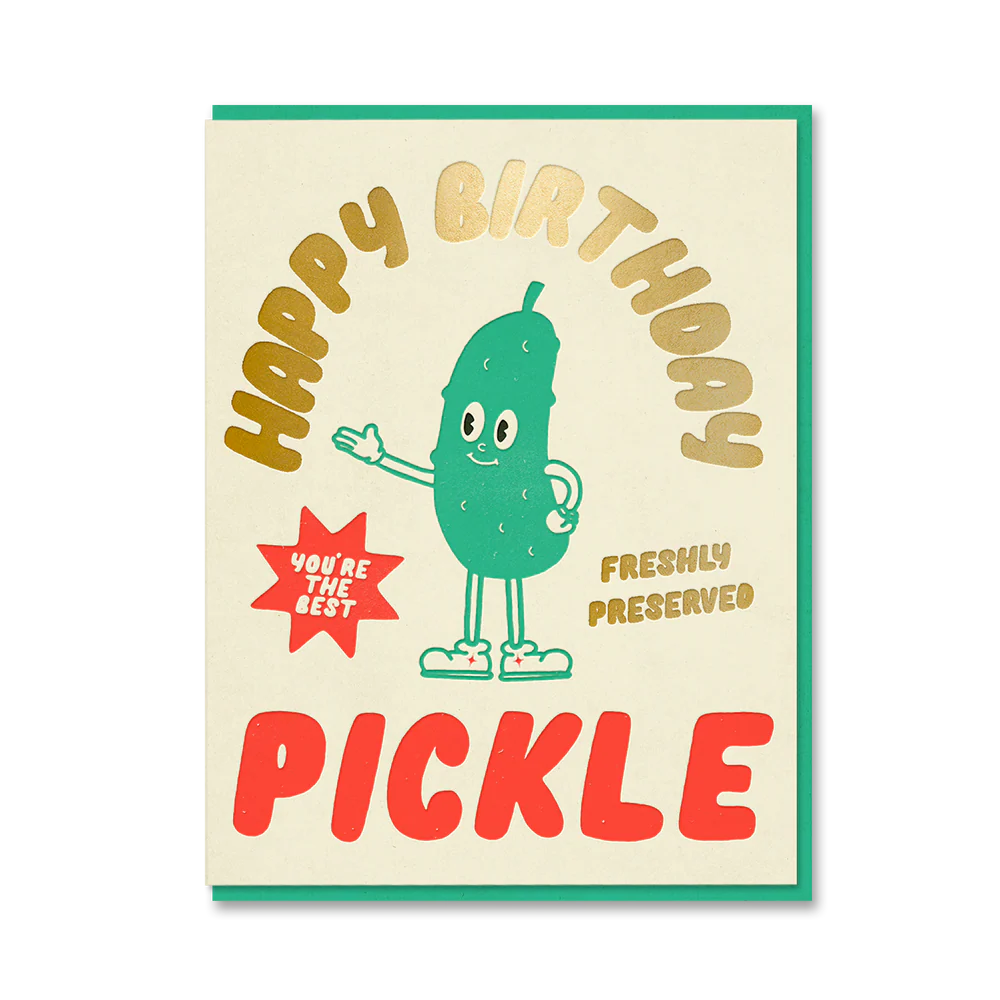 Happy Birthday Pickle greeting card with gold foil detail and aqua envelope