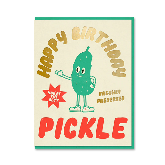 Happy Birthday Pickle greeting card with gold foil detail and aqua envelope