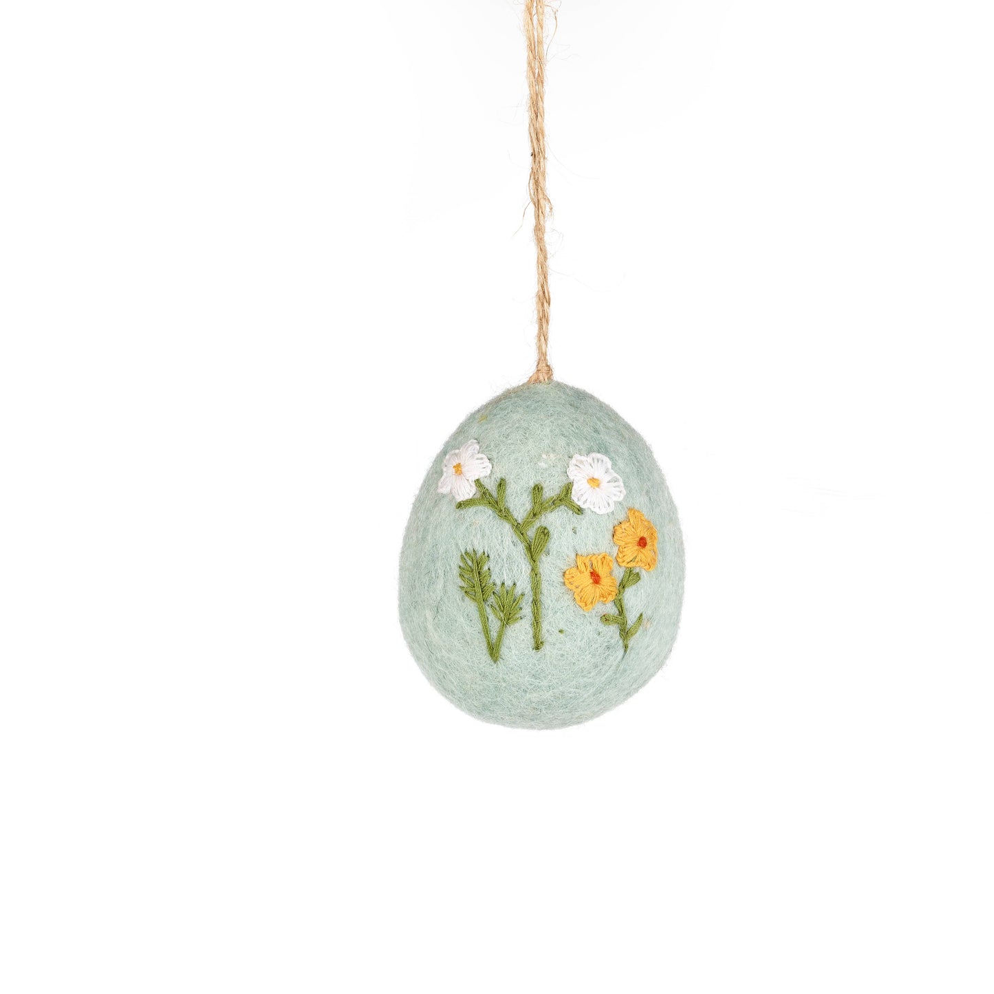 Pale blue hand embroidered felt egg featuring delicate floral embroidery. Each egg is meticulously hand stitched, showcasing intricate details and vibrant colours that will add a touch of elegance to your home.