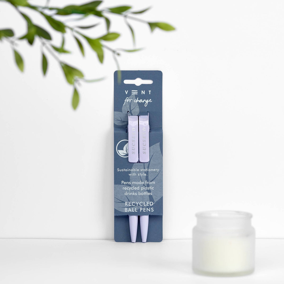 Pack of two SUCSEED ballpoint pens made from recycled drinks bottles in a lavender sleeve