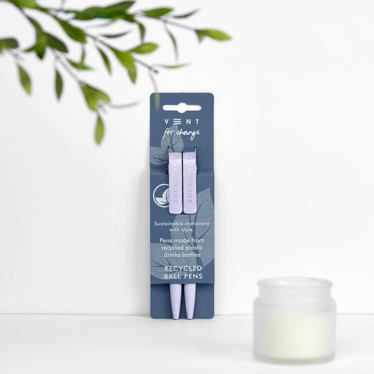 Pack of two SUCSEED ballpoint pens made from recycled drinks bottles in a lavender sleeve