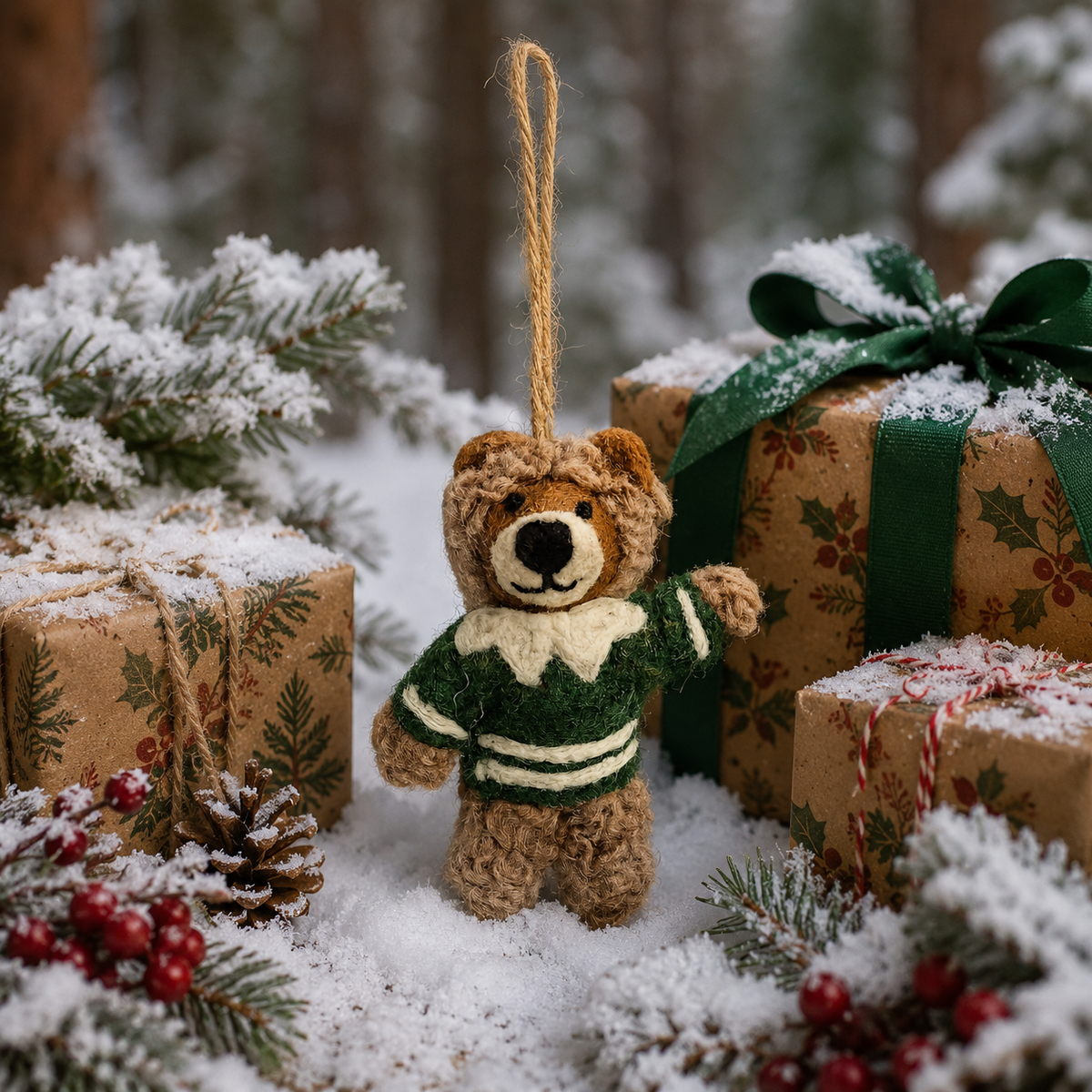 Handmade felt Barney the Bear wearing a green Nordic Christmas jumper hanging decoration