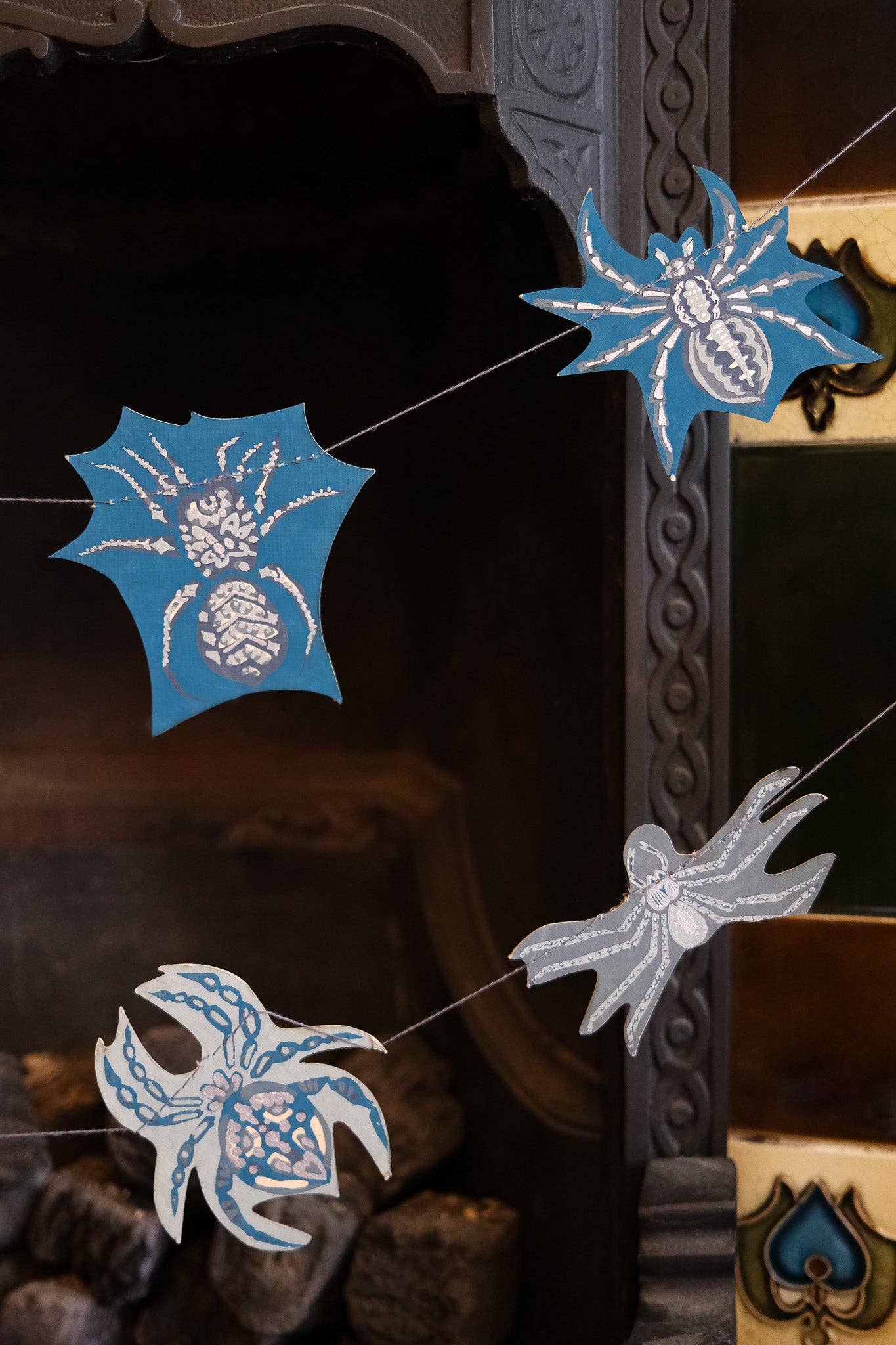 Hand-sewn recycled Halloween garland with 20 spooky screen-printed spiders