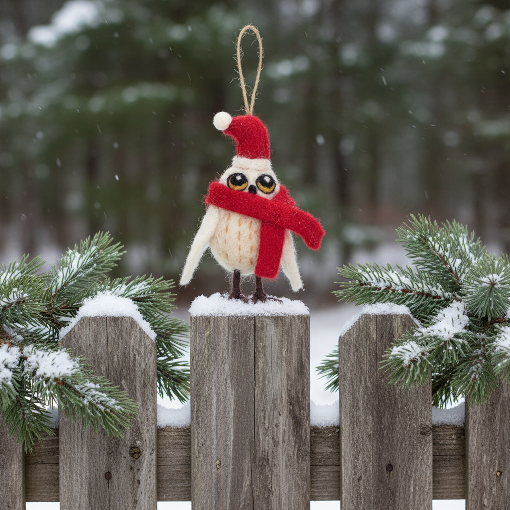 Festive display of handmade felt snowy owl Christmas decoration