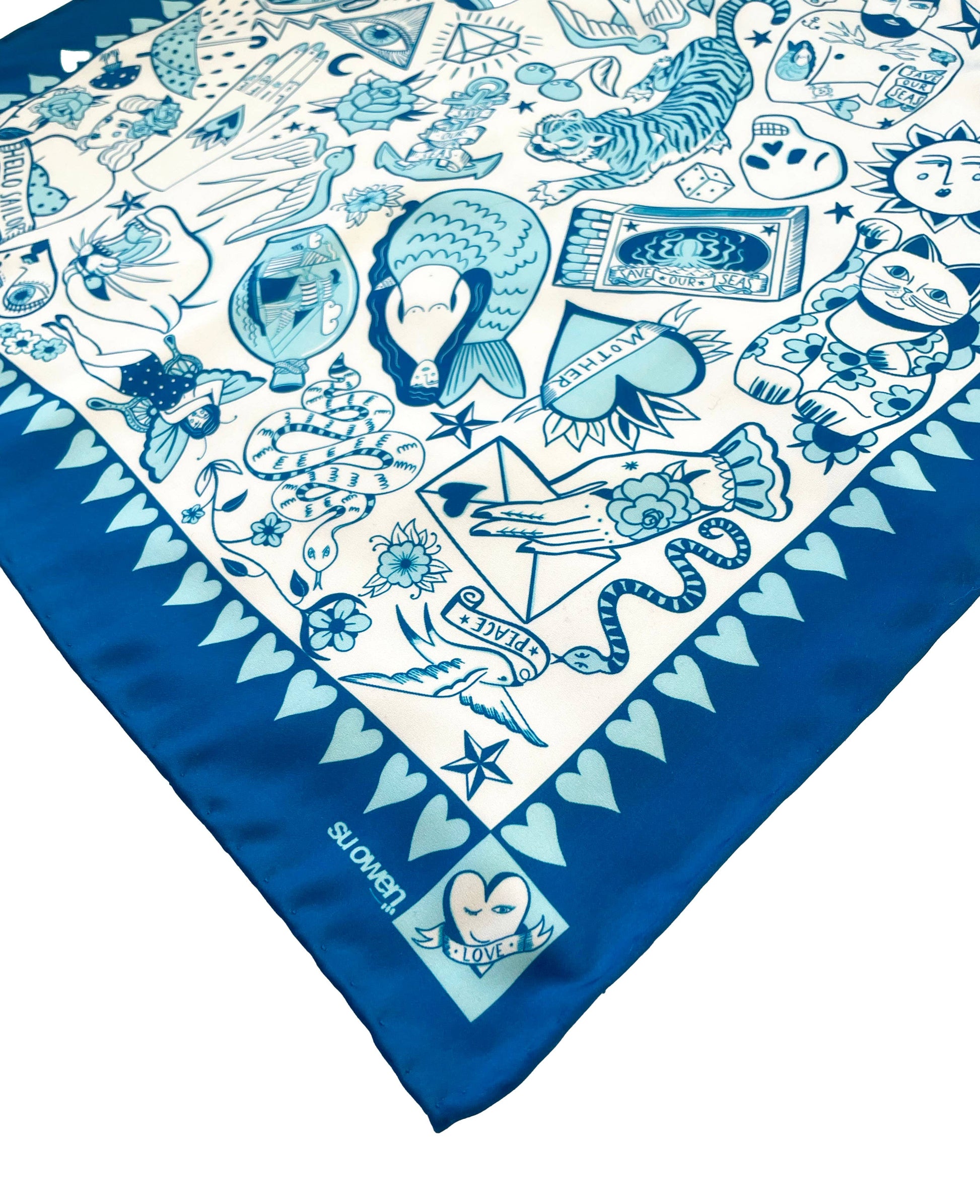 I Love Tattoos eco neckerchief pocket square by Su Owen, tattoo-inspired design printed on 100% recycled polyester eco silk twill, UK made