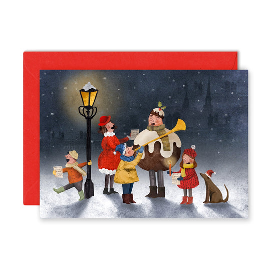 A6 illustrated Christmas card by Emily Nash showing a cheerful group of carol singers, printed on eco-certified matte card with a recycled kraft envelope.