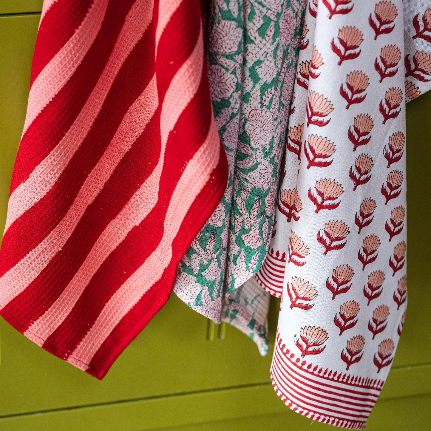 Handmade waffle cotton tea towel with hanging loop