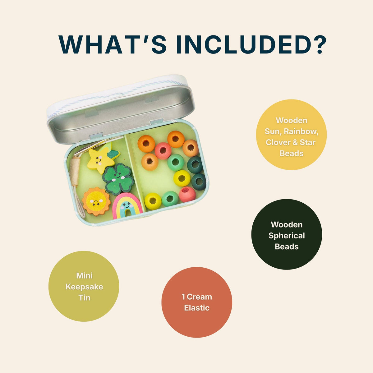 Sustainably sourced wooden charm beads including four leaf clover and smiling sun
