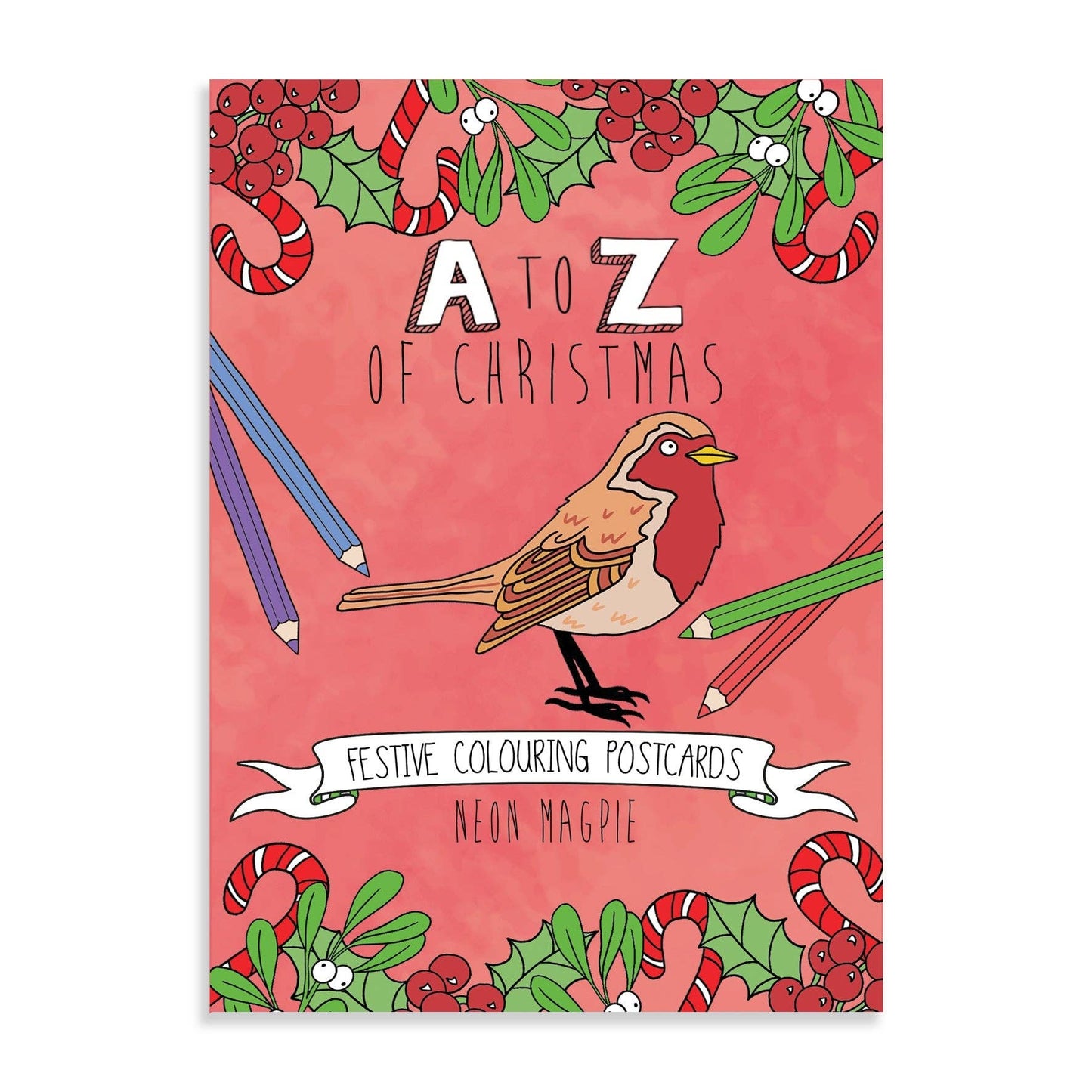 Eco-friendly Christmas Alphabet Colouring Postcards by Neon Magpie, blank reverse