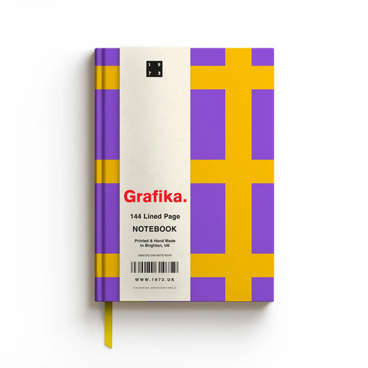 Grafika Grid A5 lined notebook by 1973, colourful geometric cover, sustainably certified off-white lined pages, size 215mm x 152mm, ribbon bookmark.